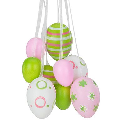 11.75" Pastel Pink  Green and White Floral Striped Spring Easter Egg Cluster Hanging Decoration