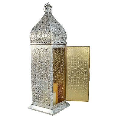 30.5" White and Gold Moroccan Style Pillar Candle Floor Lantern