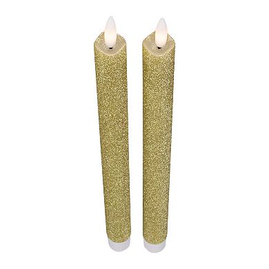Set 2 Gold Glittered Flameless LED Taper Christmas Candles 11"