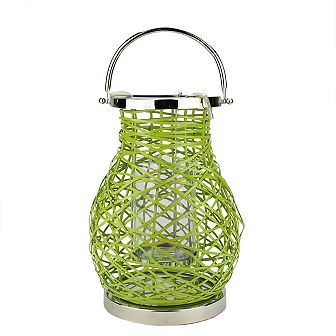 13.5" Modern Green Decorative Woven Iron Pillar Candle Lantern with Glass Hurricane