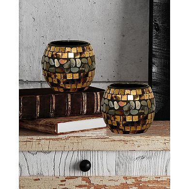 Set of 2 Gold and Black Ceilo Art Mosaic Votive Candle Holders 5"