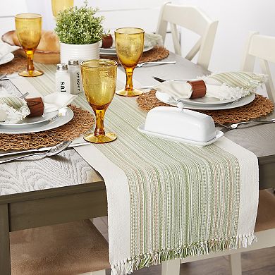 72" Table Runner with Fringed Thyme Green Stripes Design