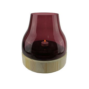 9.75" Merlot Colored Glass Pillar Candle Holder with Wooden Base