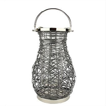 16.25" Modern Gray Decorative Woven Iron Pillar Candle Lantern with Glass Hurricane