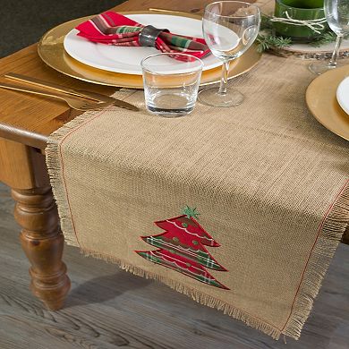 72" Beige and Red Christmas Tree Embroidered Rectangular Table Runner