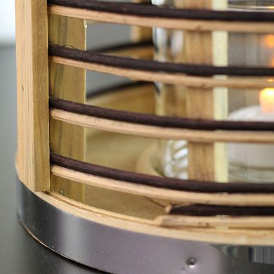 11.5" Rustic Chic Cylindrical Rattan Decorative Candle Holder Lantern with Jute Handle