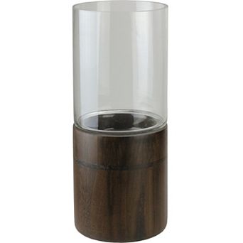 15.25" Clear Glass Hurricane Pillar Candle Holder with Wooden Base