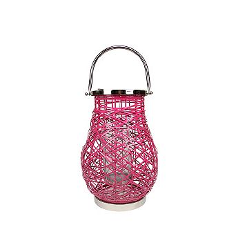 13.5" Modern Fuchsia Pink Decorative Woven Iron Pillar Candle Lantern with Glass Hurricane