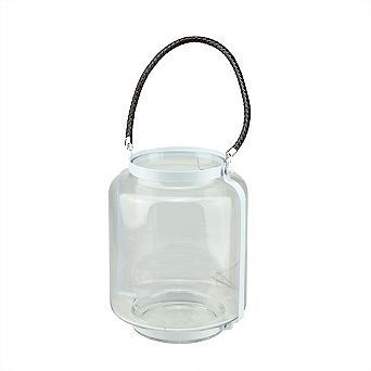 18" Clear Glass Pillar Candle Lantern with White Metal Frame