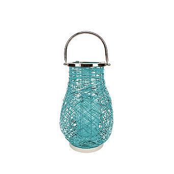 16.25" Modern Turquoise Blue Decorative Woven Iron Pillar Candle Lantern with Glass Hurricane