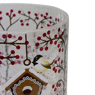 5" Hand Painted Sparrows and Berries Flameless Glass Christmas Candle Holder