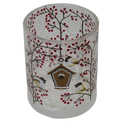 5" Hand Painted Sparrows and Berries Flameless Glass Christmas Candle Holder