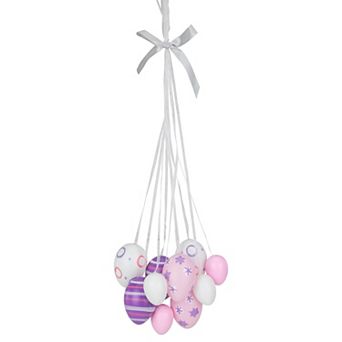 15" Pink White and Purple Floral Striped Spring Easter Egg Cluster Hanging Decor