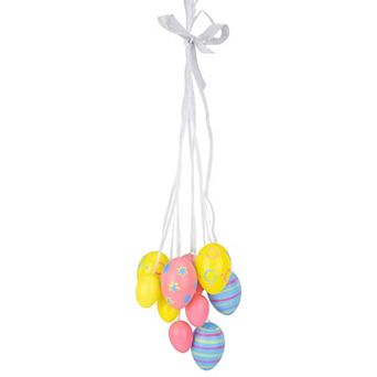 15" Pastel Pink Yellow and Blue Floral Striped Spring Easter Egg Cluster Hanging Decoration
