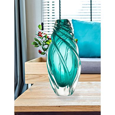 12.75" Aqua Blue and Clear Contemporary Swirl Glass Vase
