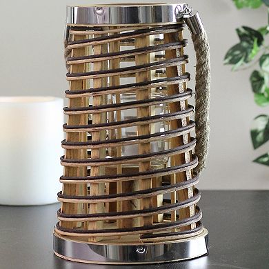 10" Rustic Chic Tapered Cylinderical Rattan Candle Holder Lantern with Jute Handle