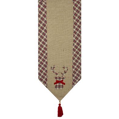 36" Red and Brown Burlap and Plaid Reindeer Christmas Table Runner