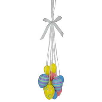 11.75" Pastel Yellow Blue and Pink Floral Striped Spring Easter Egg Cluster Hanging Decoration