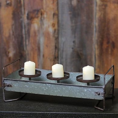 15" Rustic Galvanized Metal Triple Pillar Candle Holder Tray