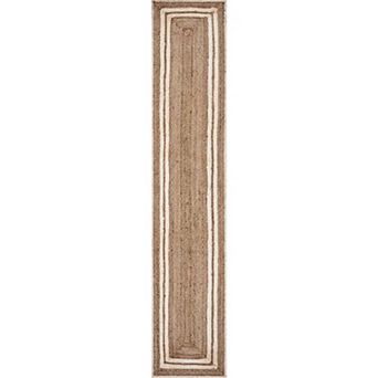 80" Tan and Ivory Hand Woven Bordered Rectangular Table Runner