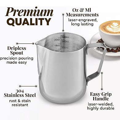 Zulay Kitchen Milk Frothing Pitcher - Stainless Steel With Latte Art Pen - 20oz (600ml)