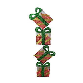 43" Red Striped Flat Tinsel Stacked Gift Box Lighted Outdoor Decoration