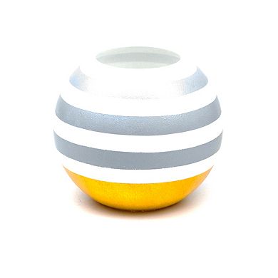 7" Yellow and White Horizontal Striped Round Glass Vase