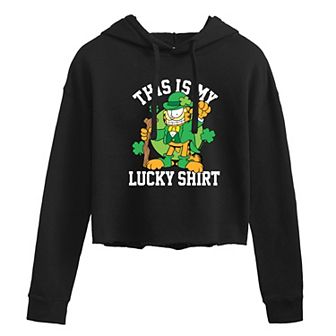 Juniors' Garfield "My Lucky Shirt" Cropped Graphic Hoodie