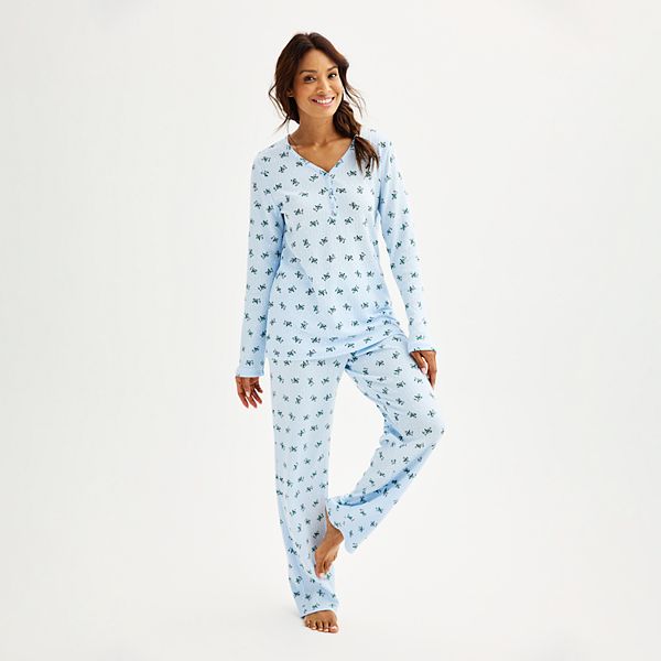 Womens Croft & Barrow® Long Sleeve Henley & Pajama Pants Sleep Set - Blue Dog (S LONG)