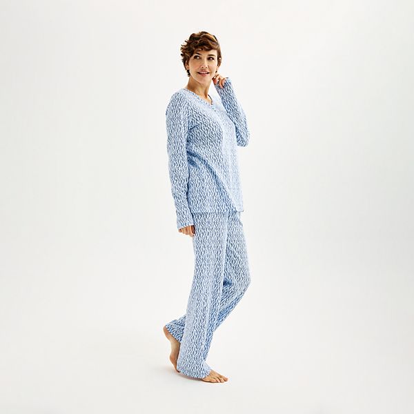 Women's Croft & Barrow&reg; Long Sleeve Henley & Pajama Pants Sleep Set - Blue Leaves (XL LONG)