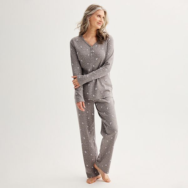 Womens Croft & Barrow® Long Sleeve Henley & Pajama Pants Sleep Set - Grey Floral (MEDIUM)