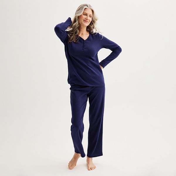 Womens Croft & Barrow® Long Sleeve Henley & Pajama Pants Sleep Set - Navy (LARGE)