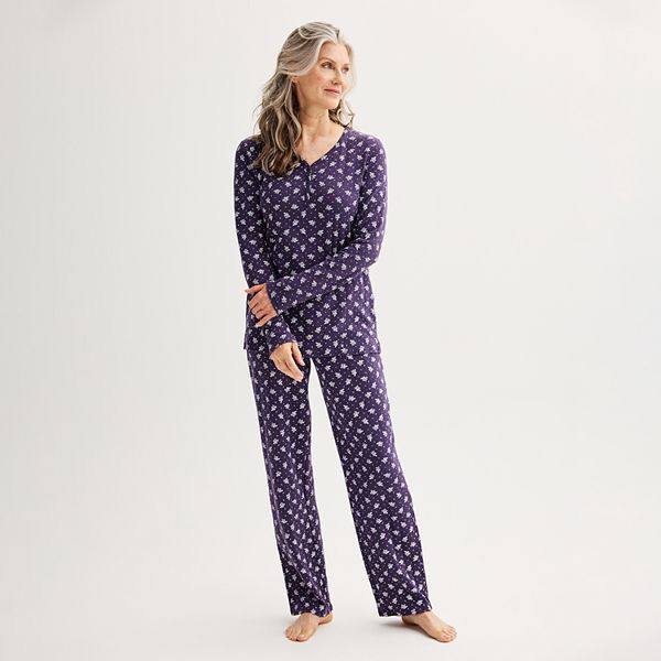 Womens Croft & Barrow® Long Sleeve Henley & Pajama Pants Sleep Set - Plum Floral (S LONG)