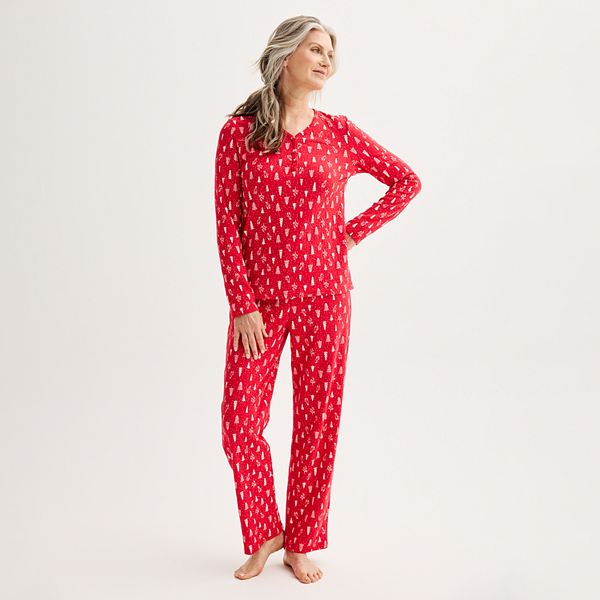 Womens Croft & Barrow® Long Sleeve Henley & Pajama Pants Sleep Set - Red Forest (LARGE)