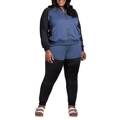 Plus Size Women's Curvy Fit Zip Up Contrast Blocked Sweatshirt Jacket