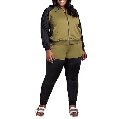 Plus Size Women's Curvy Fit Zip Up Contrast Blocked Sweatshirt Jacket