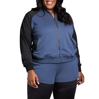 Plus Size Women's Curvy Fit Zip Up Contrast Blocked Sweatshirt Jacket