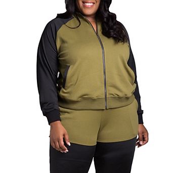 Plus Size Women's Curvy Fit Zip Up Contrast Blocked Sweatshirt Jacket