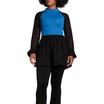 Poetic Justice Women's Mock Neck Lantern Sleeve Two Tone Peplum Tunic Top