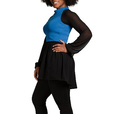 Poetic Justice Women's Mock Neck Lantern Sleeve Two Tone Peplum Tunic Top