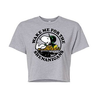 Juniors' Peanuts Wake Me Shenanigans Cropped Tee