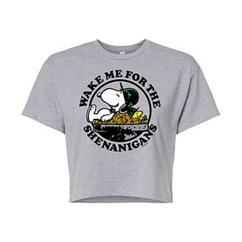 Juniors' Peanuts Wake Me Shenanigans Cropped Tee