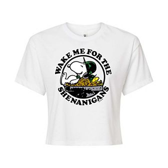 Juniors' Peanuts Wake Me Shenanigans Cropped Tee