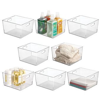 mDesign Large Plastic Household Storage Organizer Bin - Handles, 8 Pack, Clear