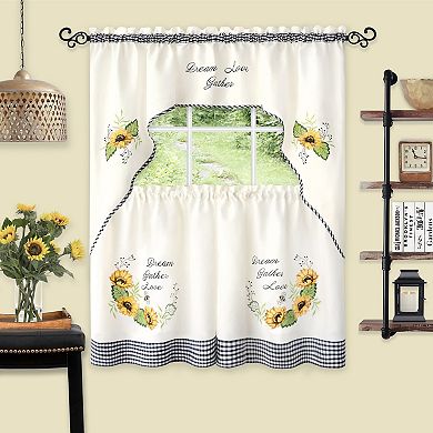 Achim 3-piece "Dream, Gather, Love" Sunflower Picnic Embellished Tier & Swag Window Curtain Set