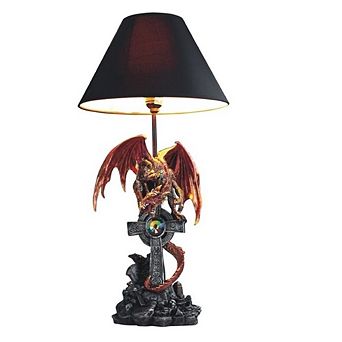 24.5"H Red Dragon Sitting on Cross Table Lamp Statue Fantasy Decoration Figurine