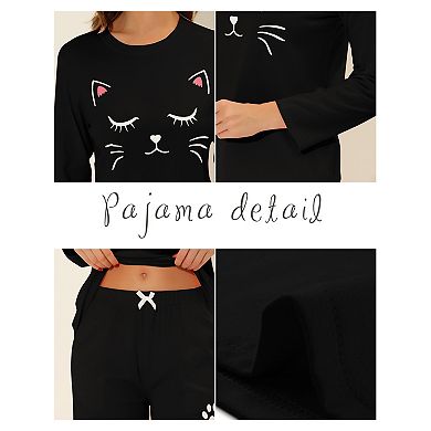 Women's Pajamas Nightwear Cute Cat Print Tops and Pants Sleepwear Lounge Sets