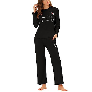 Women's Pajamas Nightwear Cute Cat Print Tops and Pants Sleepwear Lounge Sets