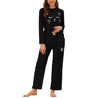 Women's Pajamas Nightwear Cute Cat Print Tops and Pants Sleepwear Lounge Sets