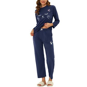 Women's Pajamas Nightwear Cute Cat Print Tops and Pants Sleepwear Lounge Sets